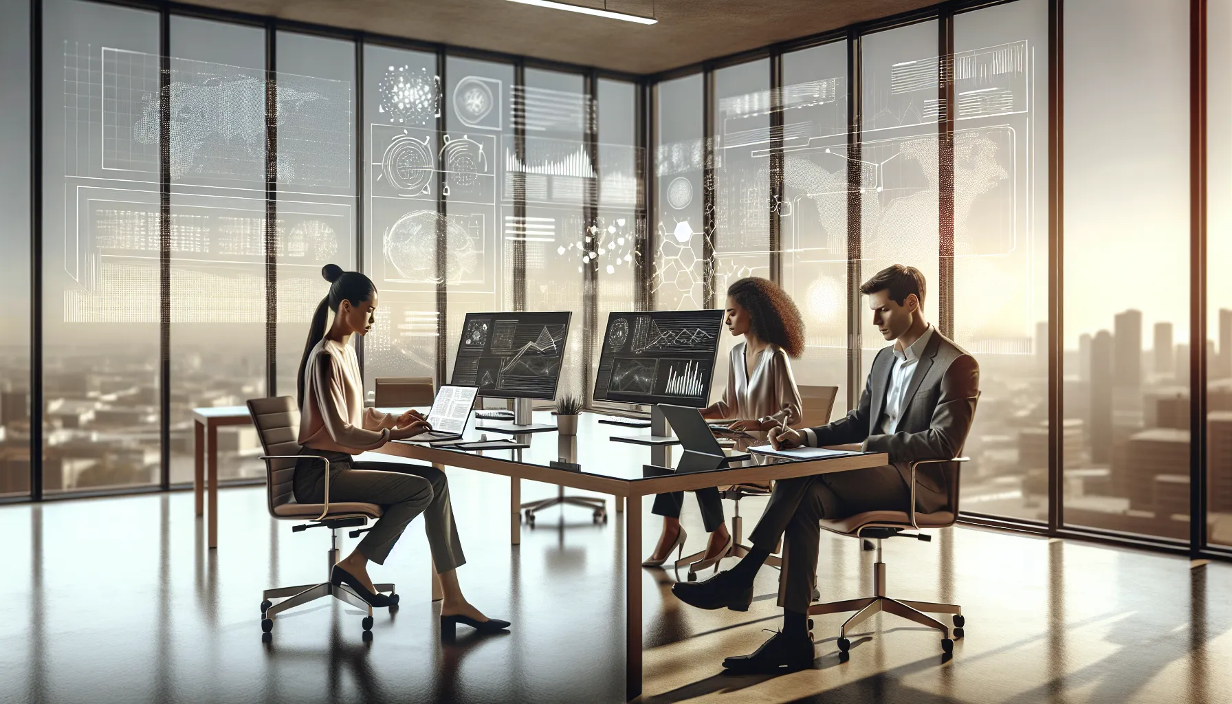 diverse team analyzing big data in a modern research office.