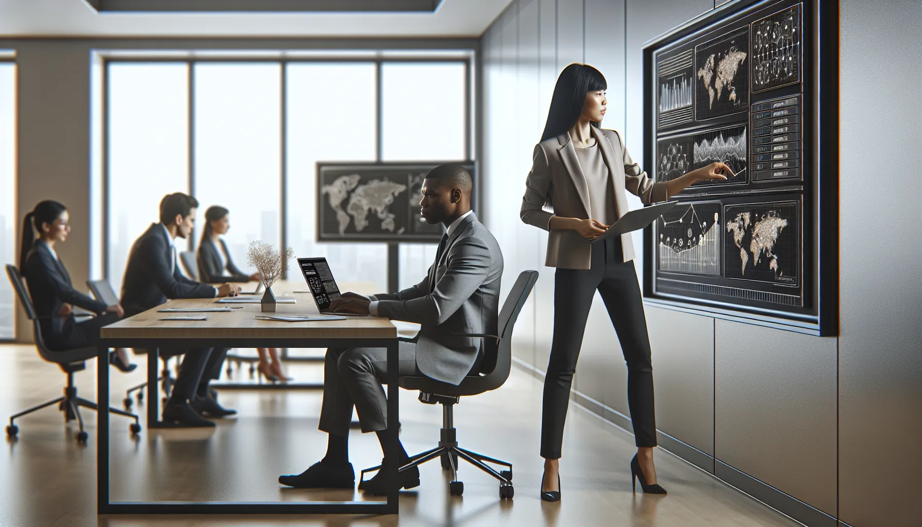 diverse team analyzing data in a modern office setting.